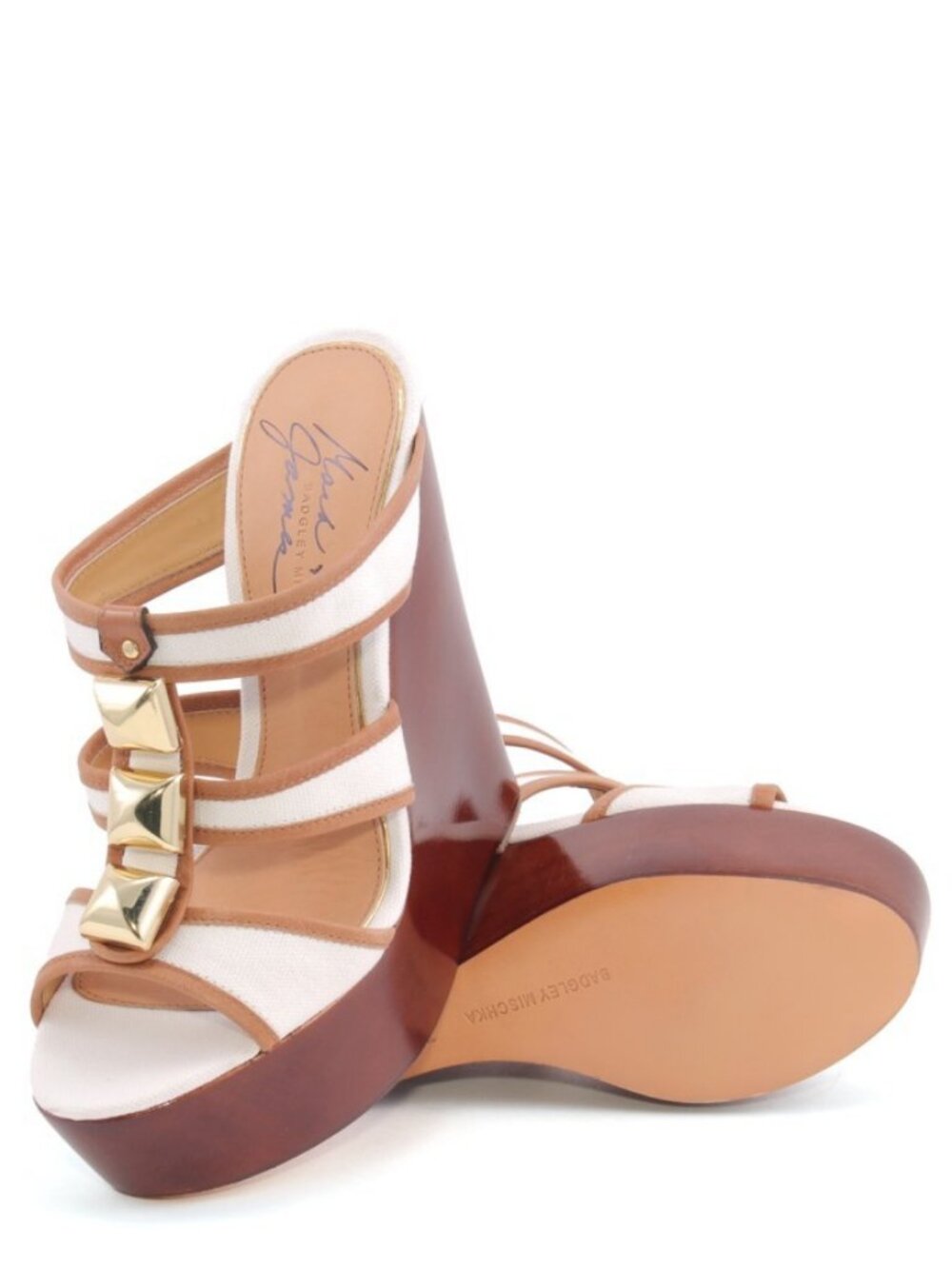 Mark & James Badgley Mischka Rosana White Brown Stones Wedge Sandal Size 6